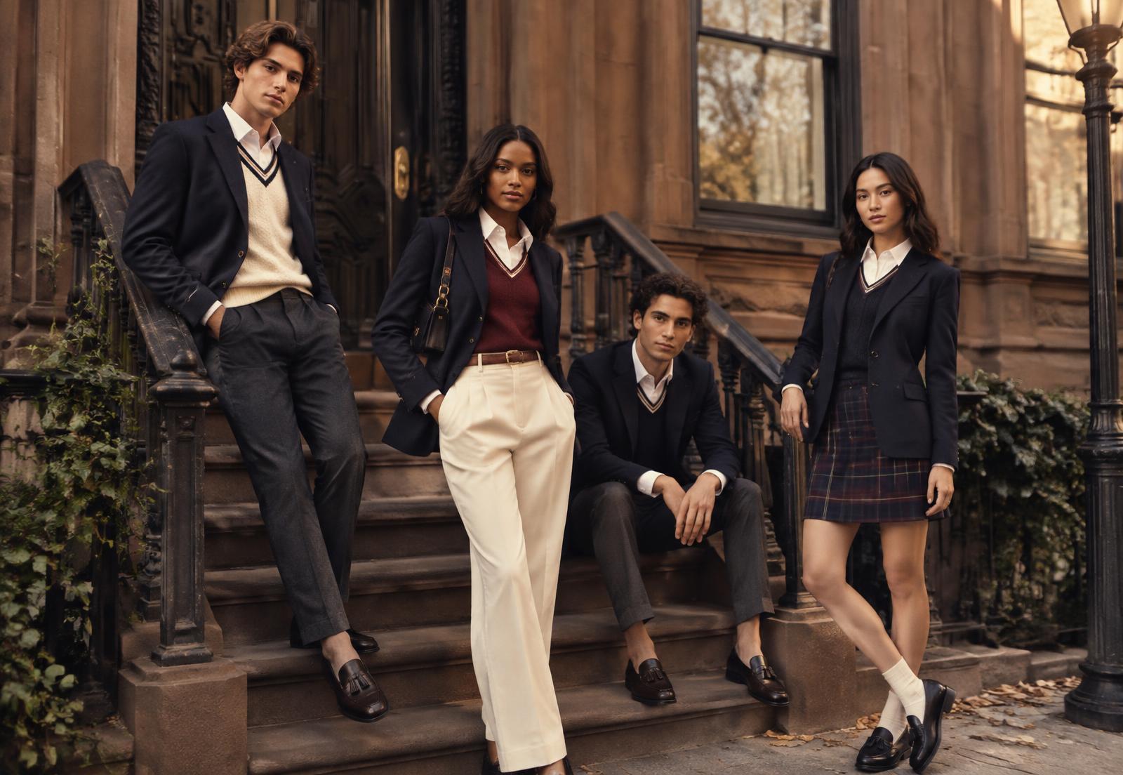 Four young people in navy blazers, knit vests and loafers on brownstone steps
